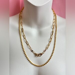 Two Layer Paperclip and Bead Chains Gold Plated Necklace Set